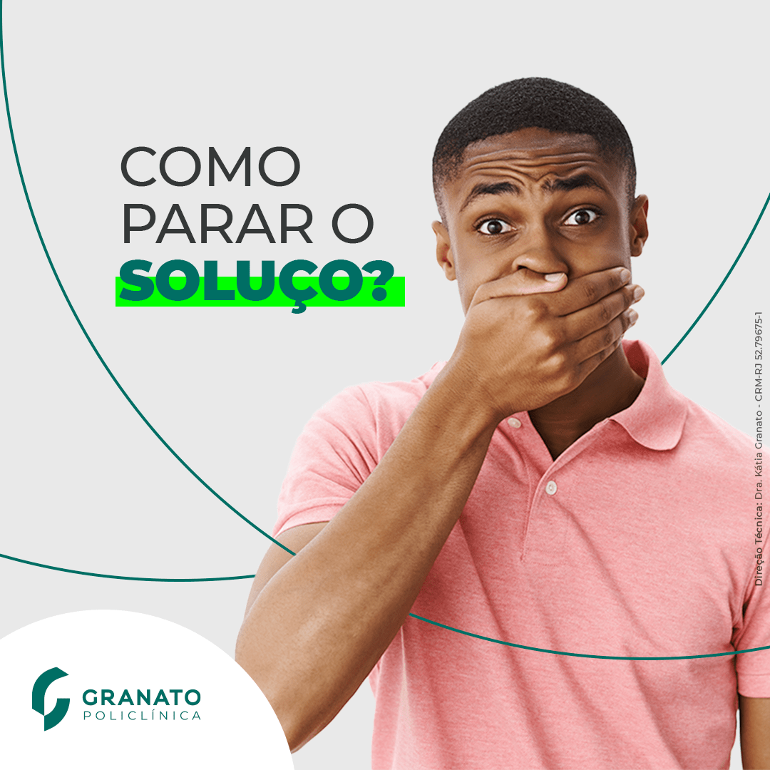 Imagem de um homem com a mão na boca, com o título "Como parar o soluço?"